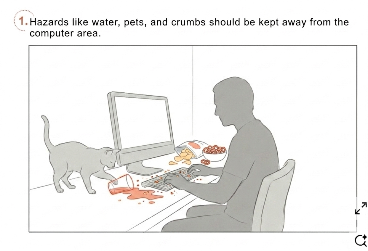 Scene 1: spills, snacks, pet near laptop