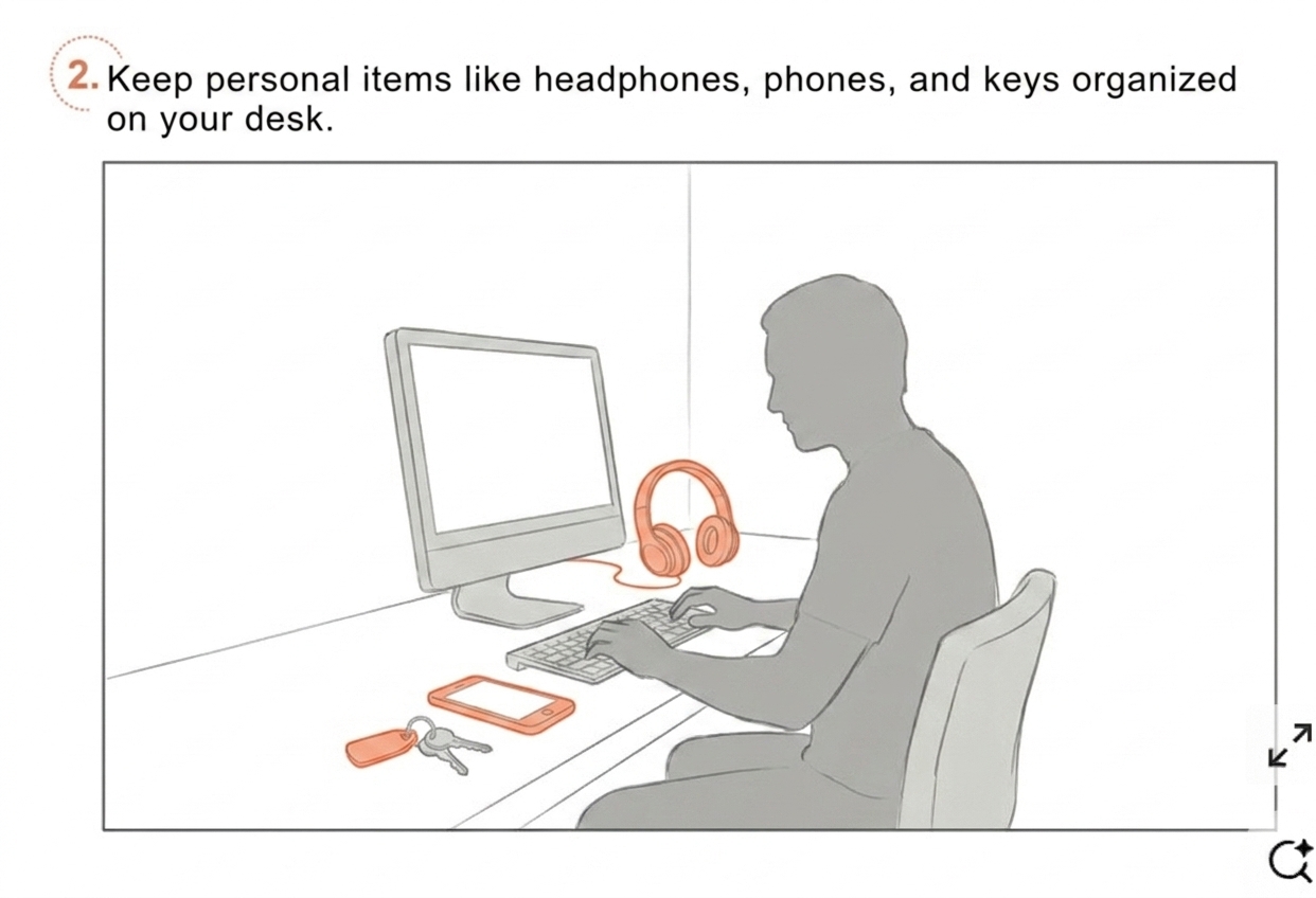 Scene 2: headphones, phone, and keys on desk