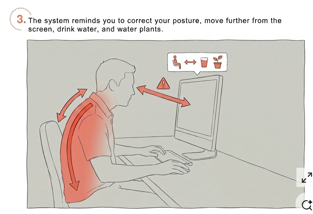 Scene 3: posture, distance, hydration, plants